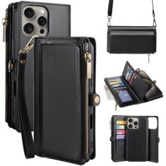 MInCYB Capa carteira para iPhone 16 Plus com alça transversal e suporte magnético destacável de couro sintético com bloqueio de RFID para mulheres e homens, 6,1 polegadas - preta