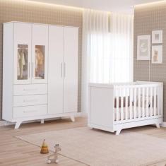 Quarto Bebê Retrô Janelado Completo Berço Americano 2 Em 1 Guarda Roupa 4 Portas 3 Gavetas 100% MDF Móveis Peroba