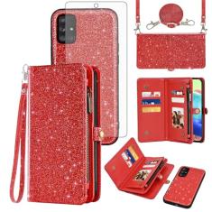 Asuwish Capa de celular para Samsung Galaxy A71 5G carteira com zíper destacável com protetor de tela de vidro temperado cordão alça de pulso flip compartimento para cartão de crédito A 71 G5 71A S71