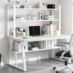Mesa de computador com gaiola e estante, mesa de estudo para escrita que economiza espaço com prateleiras de armazenamento abertas, mesa de madeira simples e moderna, mesa de estação de trab