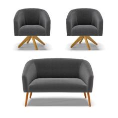 Kit 1 Sofá Namoradeira e 2 Poltronas Stella Bouclê Grafite Base de Madeira MA30 - D`Rossi