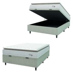 Cama Box Baú Colchão Casal Molas Ensacadas City Pillow Top 138x188x64cm Branco / Bege Hellen - Suporta até 110kg por Pessoa