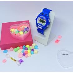 Relógio Infantil Digital Menina Esporte Silicone + Kit Miçangas Coloridas para Montar Colar Pulseiras Anél Fio Silicone