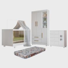 Quarto de Bebê com Berço Mini Cama, Cômoda 1 Porta 4 Gavetas e Roupeiro Flocos 3 Portas 2