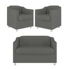 Kit Sofá Namoradeira + 02 Poltrona Tilla Recepção Sala Suede cinza