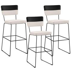 Kit 03 Banquetas Altas Faixa Corano Preto Linho Cru