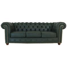 Sofá 3 Lugares Sala de Estar 235cm Chesterfield Pés Madeira Couro Verde G40 - Gran Belo