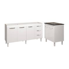 Armário Cozinha Balcão Gabinete De Pia 160 Cm Estela E Balcão Fran Para Fogão Cooktop 4 Bocas Branco