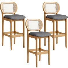 Kit 03 Banquetas Altas Para Cozinha Bancada Sala Tela Betta Fixa L02 Linho Cinza Escuro - Lyam