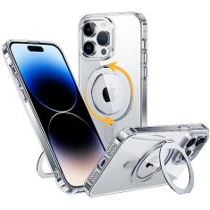 PiMivco Capa magnética para iPhone 14 Pro Max compatível com Magsafe, capa para celular iPhone 14 Pro Max com suporte de anel giratório de 360°, capa de telefone translúcida fosca à prova de choque de