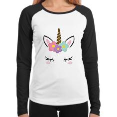 Baby Look Raglan Unicórnio Cílios Manga Longa - Foca na Moda, Branco, 