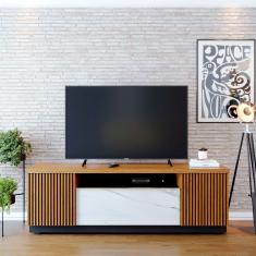 Rack Colibri Manaus Com 3 Portas, Ideal Para Tv De Até 70 Polegadas Noce Milano Com Preto Fosco E Calacatta