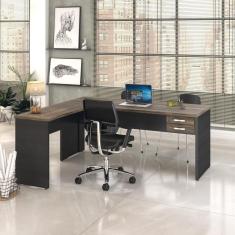 Mesa Para Escritório Em L 1,80x1,60m Tampo E Pés 30mm Com Gaveta Carvalho Dark Compreto Ônix
