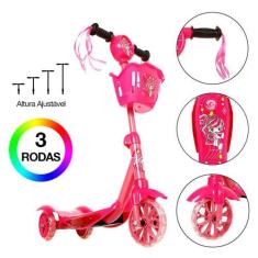 Patinete Infantil Rosa de Cestinha 3 Rodas Com Led e Som - DM Toys