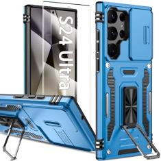 KTUOHU Capa para Samsung Galaxy S24 Ultra com capa deslizante para câmera + protetor de tela, capas de telefone resistentes à prova de choque de grau militar com suporte de anel para Samsung S24 Ultra