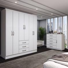 Guarda-Roupa Casal Madeline 6 Portas 3 Gavetas com Cômoda 1 Porta 5 Gavetas Branco - Panorama Móveis