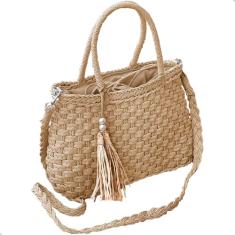 Bolsa De Palha Feminina Perola Alça Transversal Verão Acessório Praia (Bege)