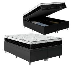 Cama Box Baú King 193 Tecido Sintético Preto Com Colchão One Face D33 - Bello Box - 58x193x203cm