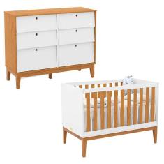 Berço Americano e Cômoda 6 Gavetas Unique Branco Soft Freijó Eco Wood - Matic
