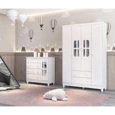 Quarto de Bebê Gabrielle Guarda Roupa 4 Portas com Gavetas Cômoda Infantil 4 Gavetas com Porta Branco Carolina Baby