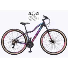 Bicicleta Feminina Aro 29 Ksw Mwza 24v Freios a Disco Hidráulicos Garfo Suspensão Pneu com Faixa Bege - Preto/Pink/Azul