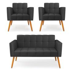 Kit 1 Sofá Namoradeira E 2 Poltronas Elisa Corino Preto Pés Palito Castanho - D`rossi