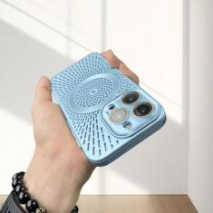 Capa de telefone de malha de dissipação de calor respirável 12 13 14 15 pro max capa de telefone de carregamento sem fio magnético, azul claro, para iphone 15