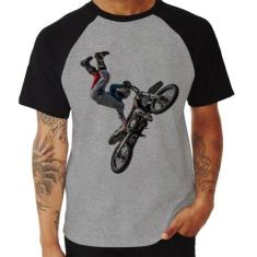 Camiseta Raglan Motocross Freestyle Trick - Foca na Moda, Cinza, Preto
