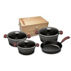 Conjunto Panelas de Ferro Fundido 3 Caçarolas com Tampa de Vidro e 1 Frigideira - Mta