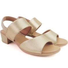 Sandália Feminina Usaflex Couro SaltoBloco Conforto Elástico, Dourado,