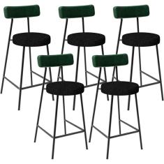 Kit 05 Banquetas Baixa Bar Cozinha E Sala De Jantar Milão L02 Facto Verde Linho Chumbo - Lyam Decor