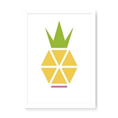 Arte Maníacos Quadro Decorativo em Madeira Abacaxi Geométrico Central - 23x16,25cm (Moldura caixa em laca branca)