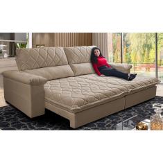 Sofá Retrátil e Reclinável 3,15m Molas Ensacadas Cama inBox Big Home Bordado 3D Linho Bege Escuro