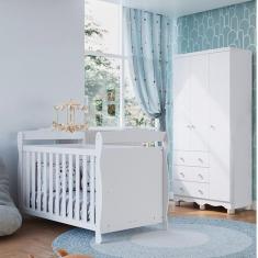 Quarto de Bebê com Guarda Roupa 3 Portas e Berço Americano Nina Espresso Móveis Branco Brilho