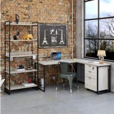 Conjunto Home Office Industrial 3 Peças Escrivaninha em L 1 Estante e 1 Gaveteiro Kuadra Compace Snow