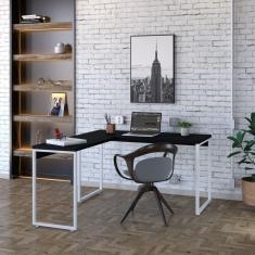 Mesa de Escritório em L Estilo Industrial 135x150cm Kuadra Preto Ônix / Est.Branca