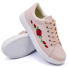 Tênis Casual Florido Basico Amanda Block com Cadarço e Sola Reta, Rosa