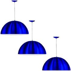 Kit 3 Lustres Pendente Meia Lua 40cm Alumínio Azul Metalico - MARRYLUZ
