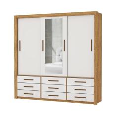 Guarda Roupa Roupeiro Anjos 3 Portas De Correr Com Espelho Central 9 Gavetas Carioca Cinamomo Off White