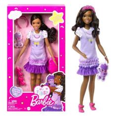Boneca Articulada Barbie Malibu Vestido Lilás Negra 34Cm Com Acessório