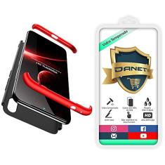 Kit Capa Capinha Anti Impacto 360 Para Xiaomi Redmi 7 Normal Com Tela 6.26" Polegadas - Case Acrílica Fosca E Acabamento Macio Com Película De Vidro Temperado - Danet (Preto com vermelho)