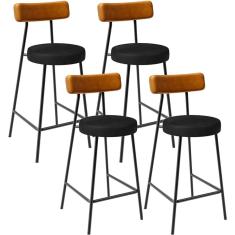 Kit 04 Banquetas Baixa Cozinha Sala Jantar Bancada Milão L02 Couríssimo Whisky Preto - Lyam Decor