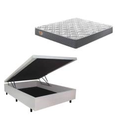 Conjunto Cama Box Baú Casal 138x188cm em Courino com Colchão Adapto Molas Ensacadas Areia/Cinza