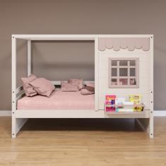 Cama Casinha Reta Madeira Maciça Branco/ Rosa Housin