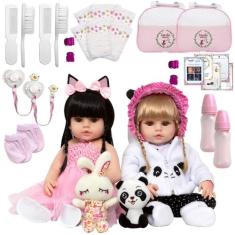 Boneca Reborn Meninas Gêmeas Enxoval Completo Panda Coelha - Cegonha R