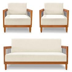 Kit 2 Poltronas e Sofá Living 2 Lugares Marilia 1,60m Linho Base em Madeira Castanho - Pallazio
