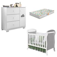 Berço Americano Danny e Cômoda Infantil Ane Branco Brilho com Colchão 