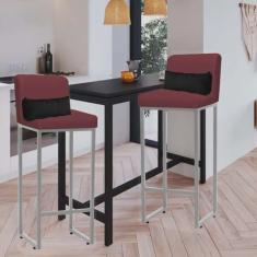 Kit 02 Banqueta Alta com Encosto Lucca Industrial Cozinha Balcão Ferro Cinza Suede Bordô e Almofada Preto - Ahazzo Móveis