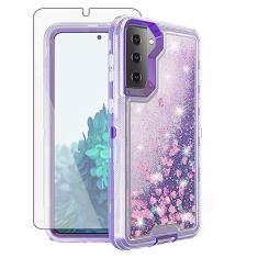 Asuwish Capa de celular para Samsung Galaxy S21 5G 6,2 polegadas com protetor de tela com glitter líquido brilhante silicone híbrido transparente proteção de grau militar capa de celular resistente S