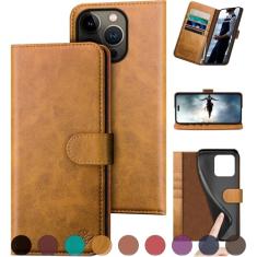 DuckSky Capa carteira de couro genuíno compatível com iPhone 16 Pro de 6,3 polegadas 【Bloqueio RFID】【Suporte de 4 cartões de crédito】【Couro verdadeiro】Capa protetora flip livro capa protetora feminina